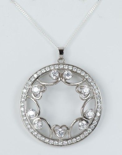 Sterling Silver/CZ Large Round Pendant and Chain